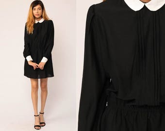 Gothic Lolita Dress 70s Mini PETER PAN Collar Wednesday Addams Goth Black and White Long Puff Sleeve 80s Vintage Dolly Large
