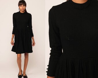 Black WOOL Dress 60s MOD Mini LBD High Waisted Simple Day 1960s Long Sleeve Vintage Mad Men Minidress Sixties Knit Sweater Dress Small