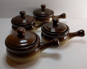 Set of 4 Small Brown Soup Crocks, Brown Stoneware, 1970s Kitchen, 1970s Stoneware, Brown and Tan Soup Crock, Lidded Bowls, Back To School