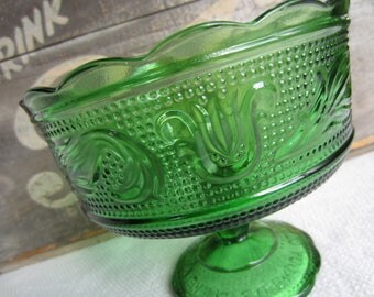 Vintage Green Glass Pedestal Compote E. O. Brody Glass Bowl Dish
