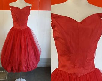 1950 Amazing Red Tulle Party Bubble Dress.