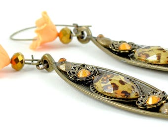 Brass earrings, handmade cold porcelain flowers, coral, glass beads, leopard pattern, exotic