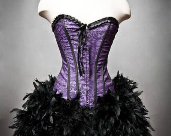 Custom Size Purple and Black lace Burlesque Feather Corset Dress