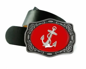 Anchor Belt Buckle Inlaid in Hand Painted Red Enamel Nautical Inpired Design Belt Buckle for Snap Belts with Custom Colors Available