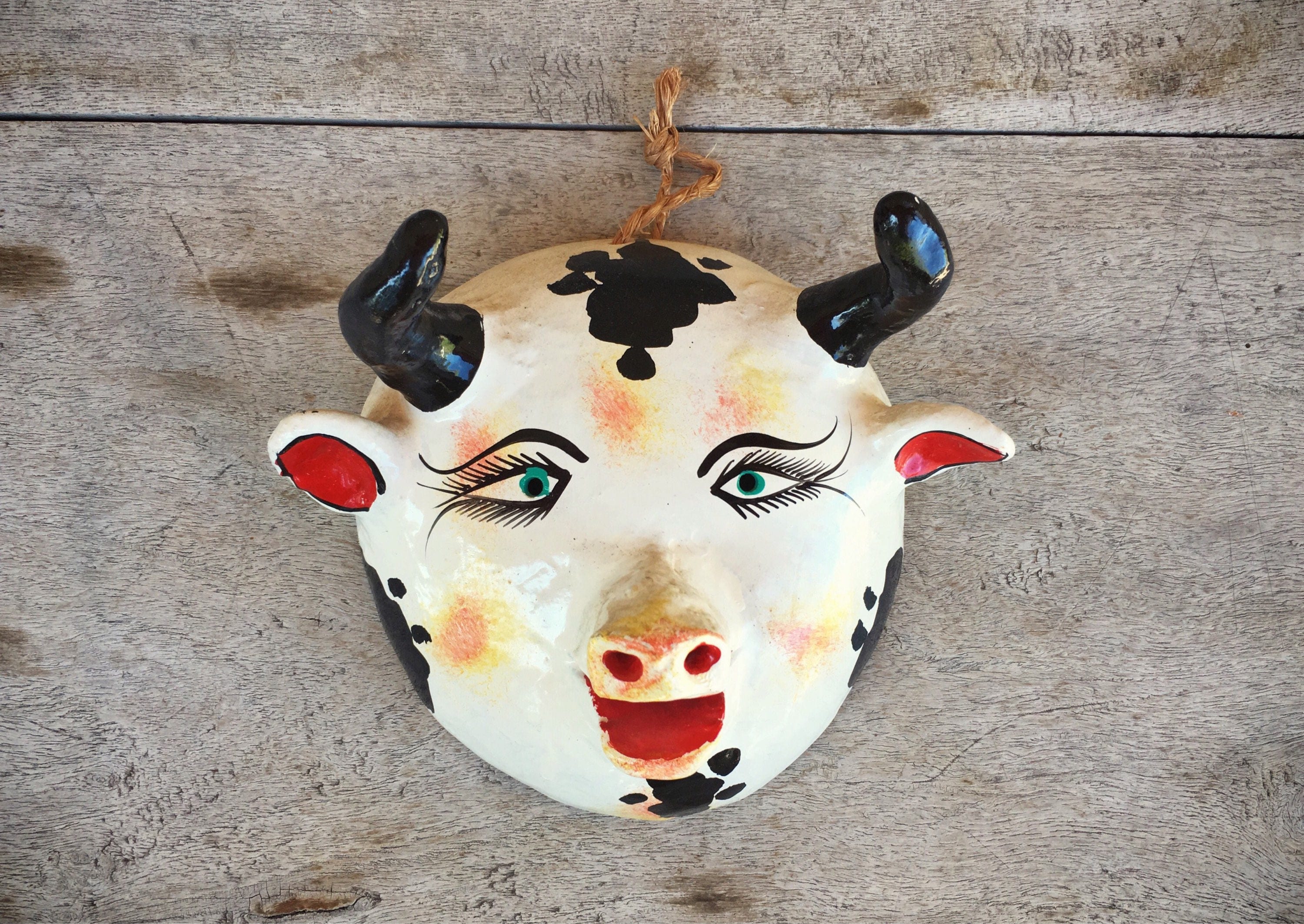 Vintage Mexican folk art bull mask made with coconut shell handpainted