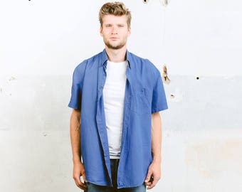 Men's LINEN Shirt . Men's 1990s Button Down Blue Linen Shirt 90s Natural Flax Top Summer Shirt Beach Shirt Boyfriend Gift. size Large