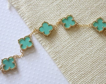 Turquoise Blue Flower Bracelet - Multi Motif Bracelet - Quatrefoil Bracelet - Four Leaf Flower Bracelet - Dainty Bracelet - Everyday Jewelry