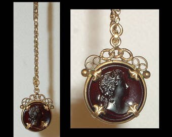 Beautiful antique carved hardstone sard chalcedony cameo fob or pendant ~ gold wash ~ French fleur de lis & etched scrolls ~ gemstone