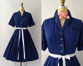 Vintage 1950s Dress - 50s Navy Blue Cotton Shirtwaist Dress