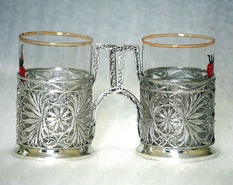 2 Traditional Russian Tea Glass Holders with Glasses