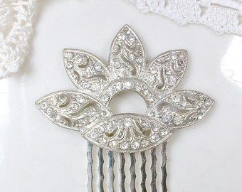 OOAK 1930 Victorian Bridal Hair Comb, 1920s Small Pave Crystal Rhinestone Vintage Wedding Dress Clip to Fan Hairpiece Great Gatsby Headpiece
