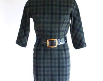50s dress - 1950s wool plaid day dress - wiggle dress - xs