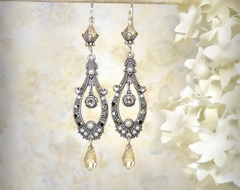 Ethereal - Champagne Crystal Earrings Romantic Chandelier Earrings Ivory Pearl Earrings Boho Wedding Jewelry Victorian Edwardian Teardrop