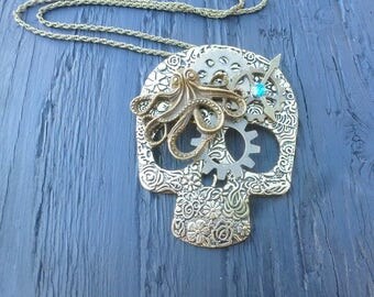 Steampunk Skull Necklace, Bronze Octopus Skull, Watch Gears, Tattoo Skull, Industrial Jewellery