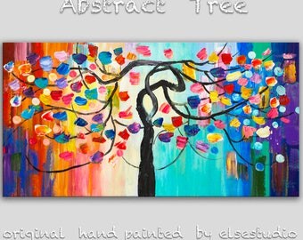 Sale Original Surreal Blossom tree painting, large colorful abstract oil painting by Tim Lam 48x24