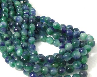 Fired Agate Bead, Green and Dark Blue, Shaded, Multi Colored, Round, Faceted, 8mm, Gemstone Beads, 14.5-15 Inch Strand - ID 2251