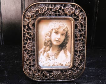 Tiny Antiqued Brass Tone 1.5 x 2.25 Metal picture Frame