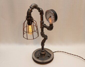 20” Steampunk Industrial Pipe Lamp with Industrial Gear Base from Boston, Pressure Gauge, Edison Filament Bulb, and Full-range Rotary Dimmer