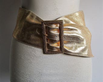 Vintage 1980s Gold Belt Leather Cummerbund 80s Gold Buckle Belt Large Ceinture en Cuir Grande