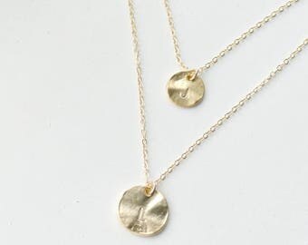SALE - Disc Necklace GOLD, Two Initials Discs, Layered Long Necklace, Family Necklace, Personalized Necklace, Initial Personalized Jewelry