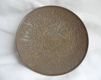 Vintage pedestal Brass Tray with Bird Design