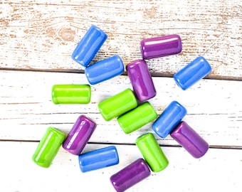5 Fair Trade Kazuri Beads - Hand Painted Tube Bead - African Bead - Large Bead - Purple Bead - Blue Bead - Green Bead - Ceramic Bead