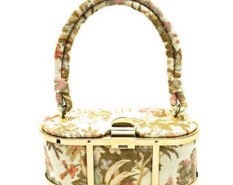 Sale 20% Off Vintage Petite Box Purse Handbag Gold Metal Cage w Tapestry 1950s New Orleans Label