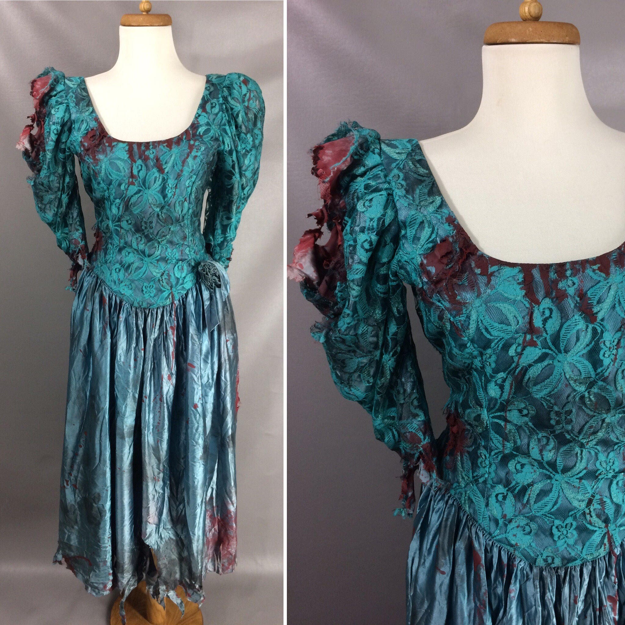 80s Zombie Prom Queen Dress. Custom Made. Bloody Vintage Teal