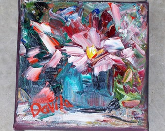 Original Floral Delight impressionistic pallete knife oil painting hand painted by US artist signed on 6x6 inch stretched canvas