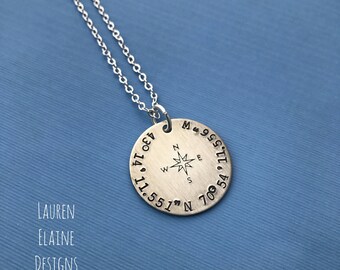 Custom Latitude Longitude Necklace With Compass Rose- Hand Stamped 1 inch Circle Necklace-