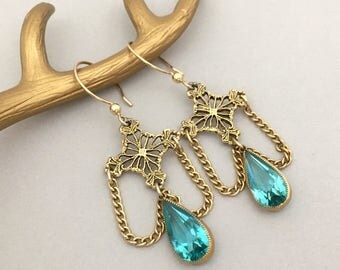 Unique Handmade Dangle Earrings - Downton Abbey Earrings - Aqua Blue Rhinestone Earrings - Victorian Style - Earrings Gift For Girlfriend-