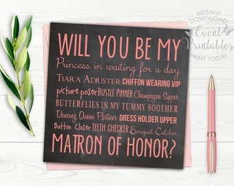 Will You Be My Matron of Honor Card, Printable File, Pink Chalkboard Matron of Honour Proposal, DIGITAL DOWNLOAD by Event Printables