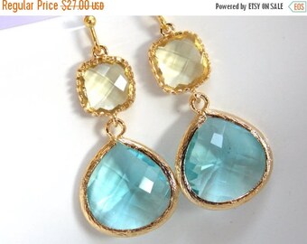 SALE Blue Earrings, Yellow Earrings, Aquamarine, Glass Earrings, Citrine, Aqua, Light Blue, Gold Earrings, Bridesmaid Earrings, Bridesmaid G