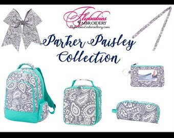 Personalized Parker Paisley Backpack ~ Lunch Box ~ Hairbow ~ Lanyard ~ ID Holder ~ Pencil Case ~ Monogrammed Grey Paisley Bookbag ~FREE ship