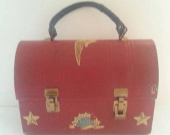 Now On Sale Vintage Red Metal Lunch Box Stars USA Eagle Design 1970's Rockabilly Industrial