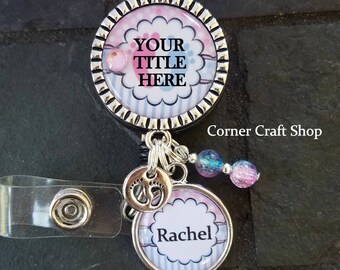 YOU CHOOSE TITLE Labor Delivery Nurse Pediatrics Personalized Name Retractable Badge Reel Holder Id w/ Baby Feet Charm pink blue beads