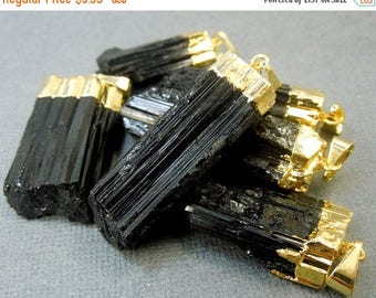15% off Christmas in July Black Tourmaline Pendant - Raw Black Tourmaline Stone Rod with Gold Electroplated Cap (S24B14-01)
