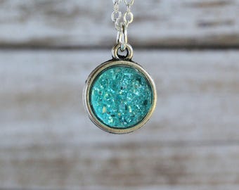 12mm Aqua Druzy Silver Tone Necklace -18" | Faux Druzy Necklace | Boho Necklace | Dainty Necklace | Bridesmaid Jewlery | Charm Necklace