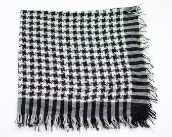 Vintage Large Square Tasseled Arab Shemagh Scarf Black White Boho Festival