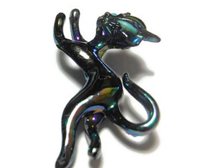 FREE SHIPPING Iridescent black cat brooch, 1950s kitty kitten opalescent scatter pin with turquoise colored eyes, Siamese if you please.