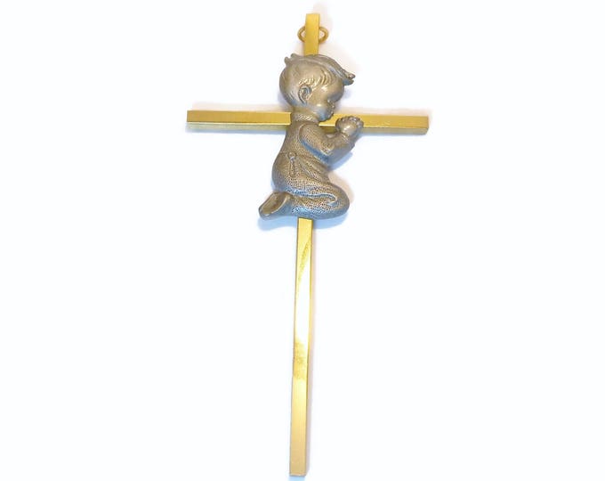 6in Gold Plated Brass Praying Boy Wall Cross, pewter boy in drop seat pajamas, old fashioned little boy cross