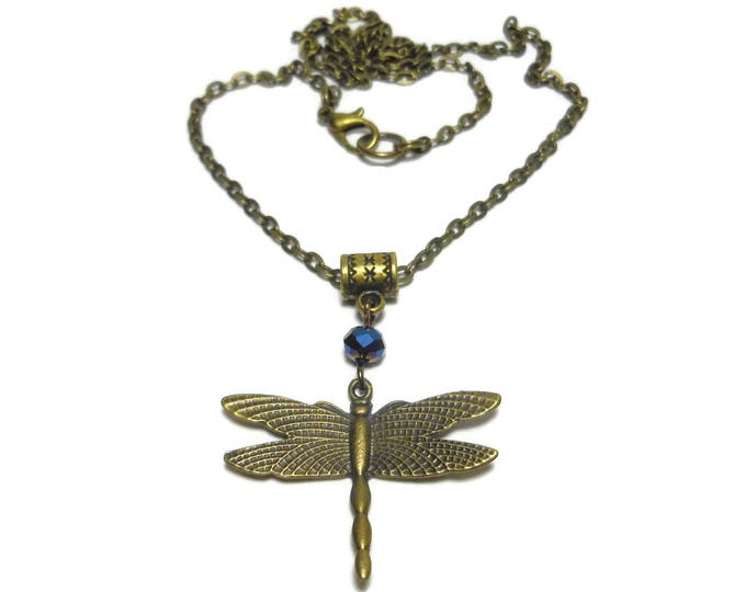 FREE SHIPPING Dragonfly necklace handmade, antiqued bronze dragonfly pendant, blue aurora borealis crystal, antiqued bronze cable chain