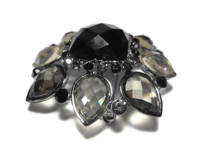 FREE SHIPPING Louis Dell'Olio brooch, gunmetal floral brooch, grey and black rhinestones, pear shape leaves and square center, resin
