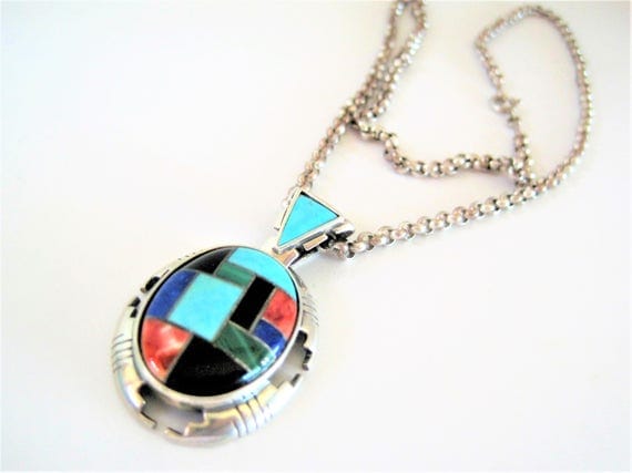 Sterling Inlaid Pendant Necklace- Carolyn Pollack Designer - Turquoise Inlaid - Vintage Relios Pendant Necklace -Original Box and Bag
