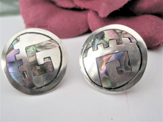 Abalone Alpaca Earrings - Round DIscs - 50's Screw Back - Vintage Earrings
