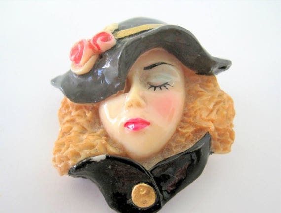 Woman Face Pin,40's Style with Hat,Acrylic Brooch