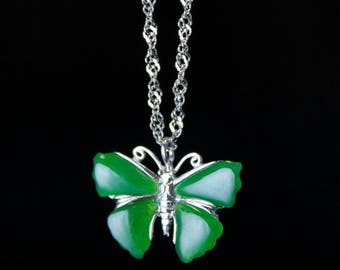 FLASH SALE Silver Jade Butterfly Necklace - Nephrite Jade - 925 Sterling Silver