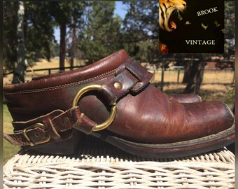Distressed FRYE Brown Leather Harness Mules - Brass Harness Buckle Ankle Boots - Leather Slip-On Slides Boots Clogs - Womens US 6.5 EU 37