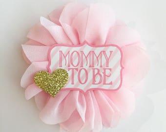 Pink and gold Baby Shower Pin Mommy to be pin Flower Ribbon Corsage gold Glitter mom to be button chevron Baby Shower corsage mommy to be