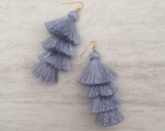 Cha Cha Tiered Silk Tassel Earrings, Stacked Tassle Earrings, Fringe Tassel Earrings, Summer Earrings, Colorful, Trendy,Lightweight 3" Drop